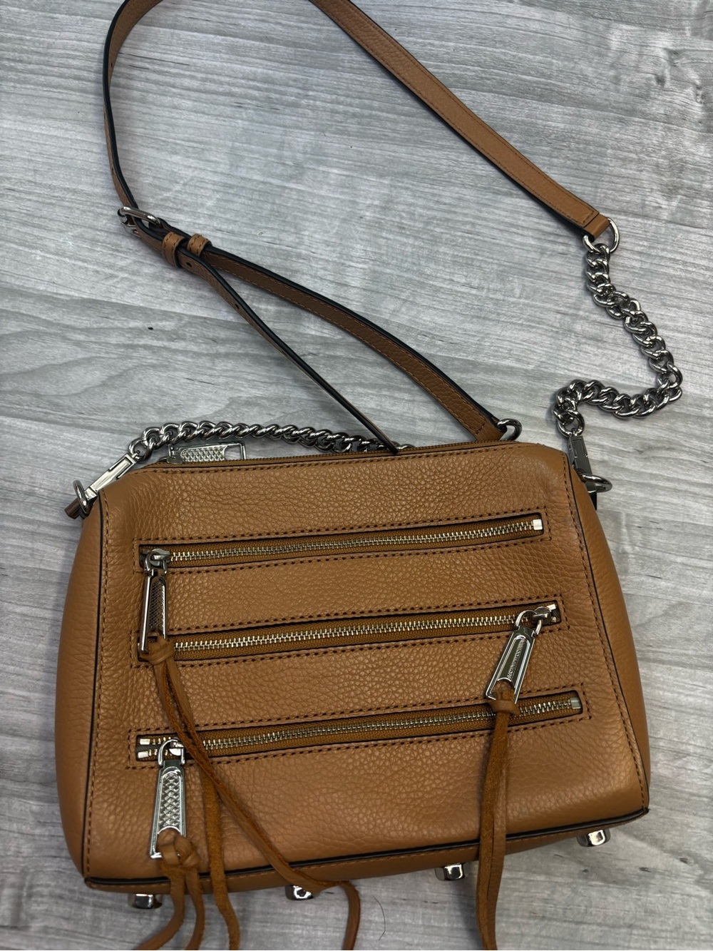 Rebecca Minkoff Tan Leather Crossbody with Chain Strap Multipocket Zippered
